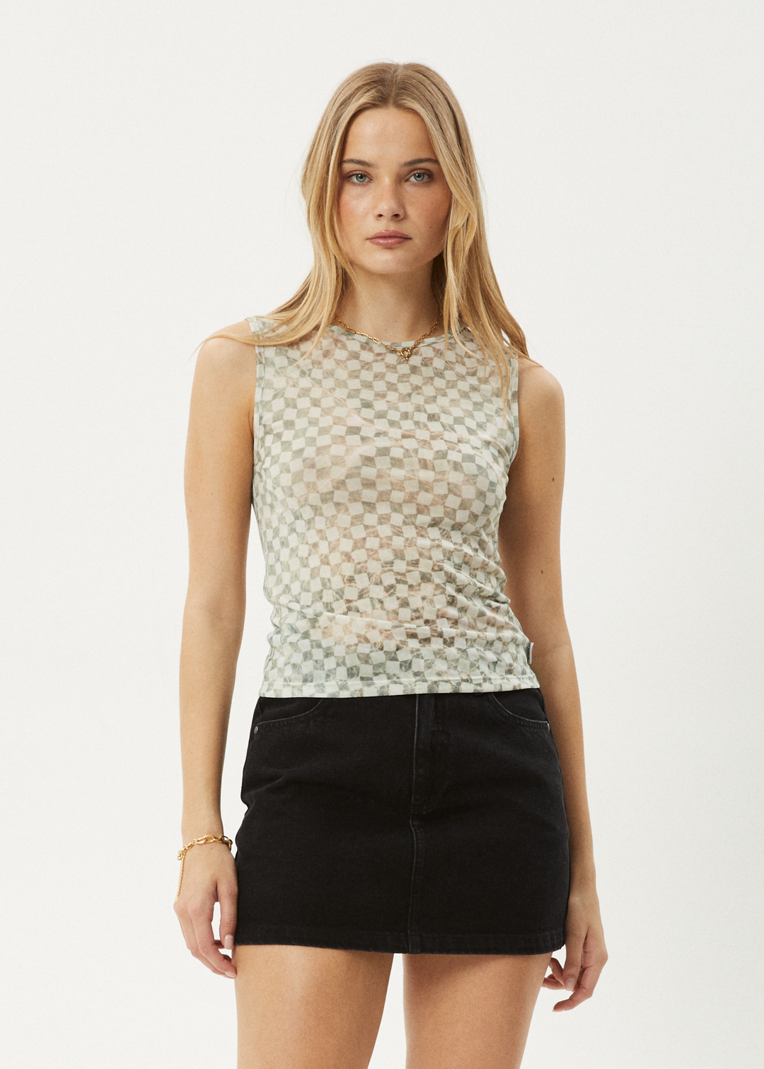 AFENDS Womens Glasshouse - Sheer Tank - Sand Checker 