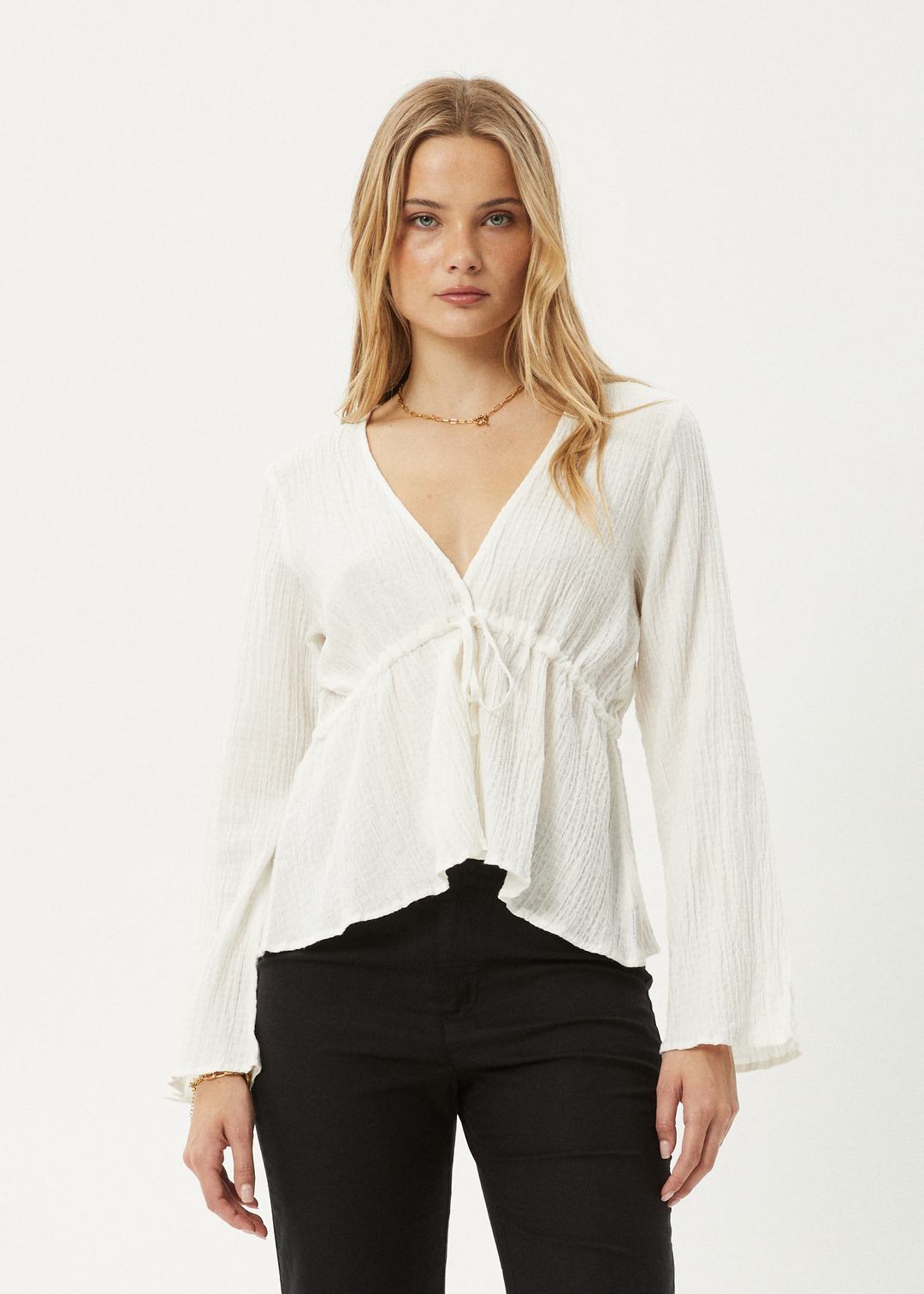 AFENDS Womens Focus - Seersucker Tie Top - Off White 