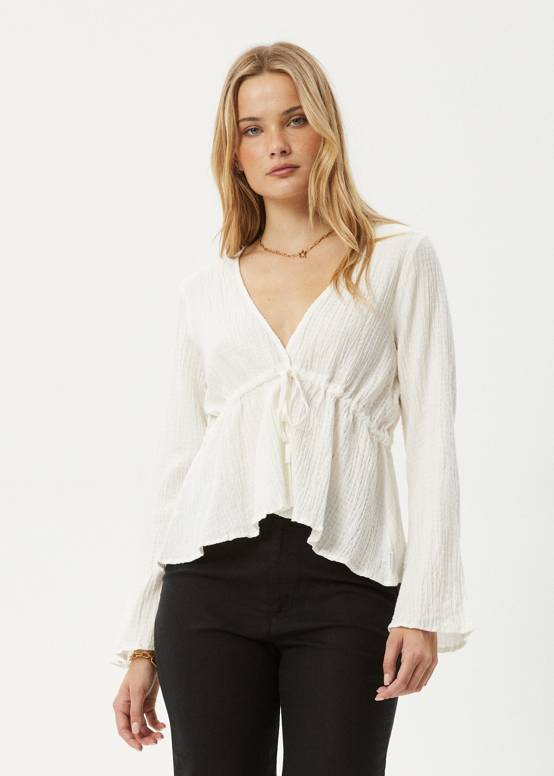 AFENDS Womens Focus - Seersucker Tie Top - Off White 