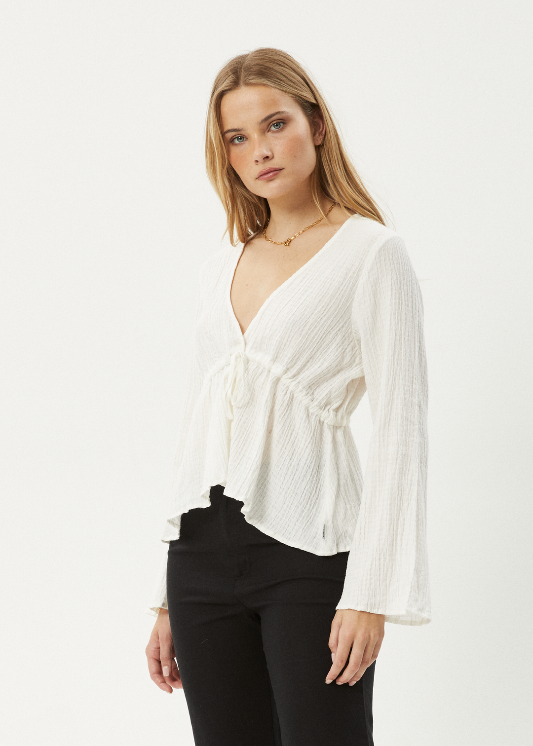 AFENDS Womens Focus - Seersucker Tie Top - Off White 