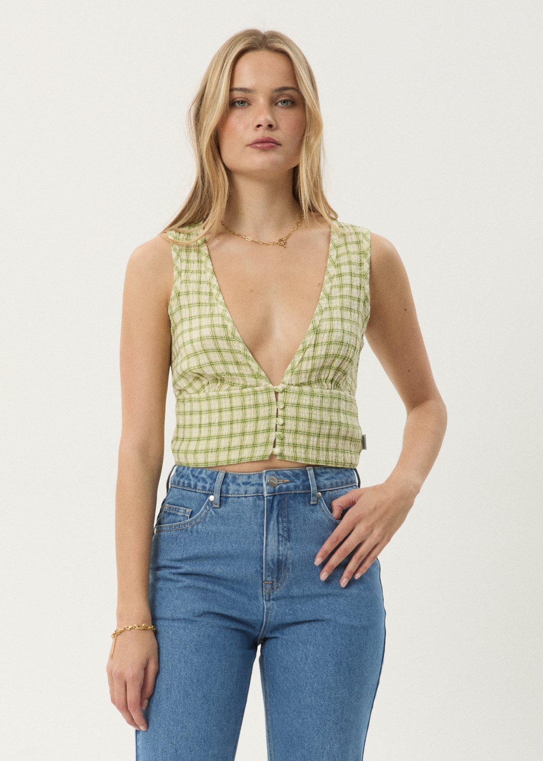 AFENDS Womens Darcy - Check Button Top - Lemongrass Check 