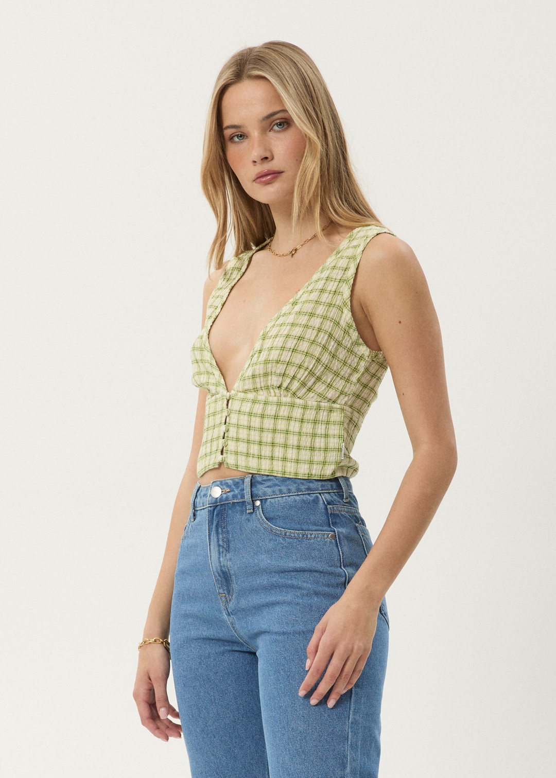 AFENDS Womens Darcy - Check Button Top - Lemongrass Check 