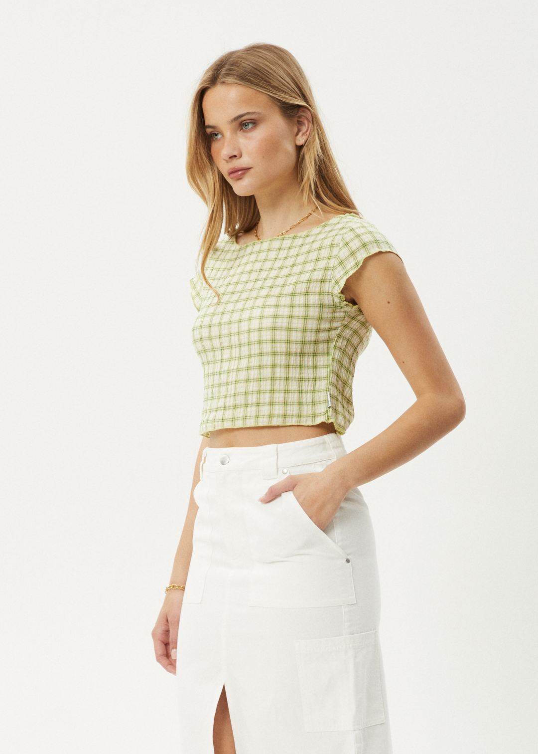 AFENDS Womens Darcy - Check Top - Lemongrass Check 