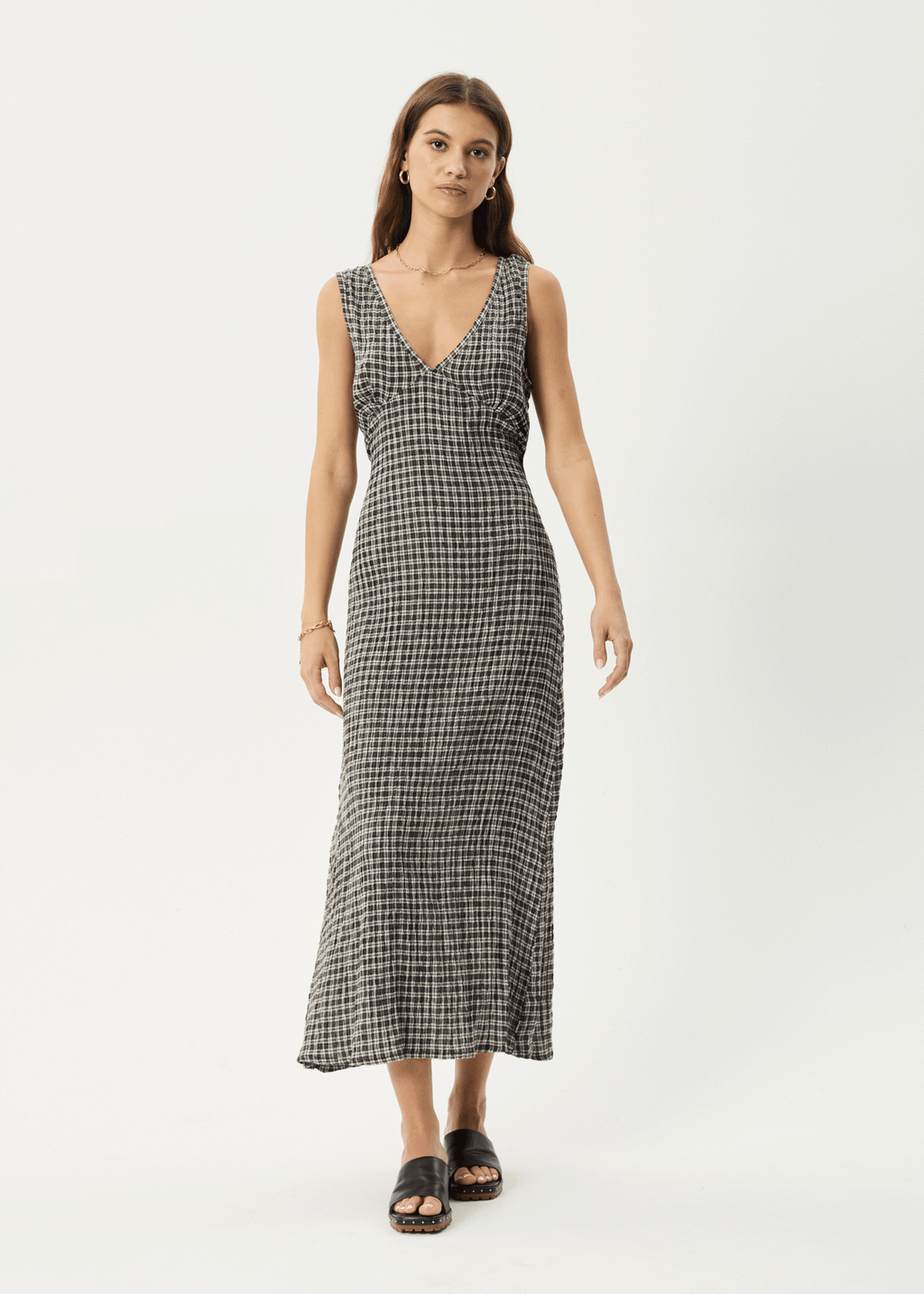 Afends Womens Asta - Seersucker Maxi Dress - Steel Check Afends Womens Asta - Seersucker Maxi Dress - Steel Check