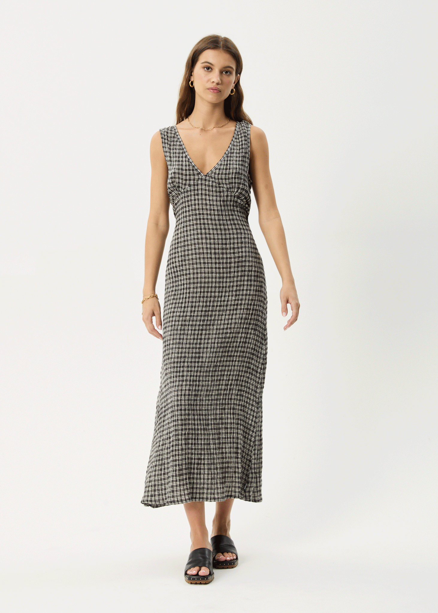 Afends Womens Asta - Seersucker Maxi Dress - Steel Check Afends Womens Asta - Seersucker Maxi Dress - Steel Check