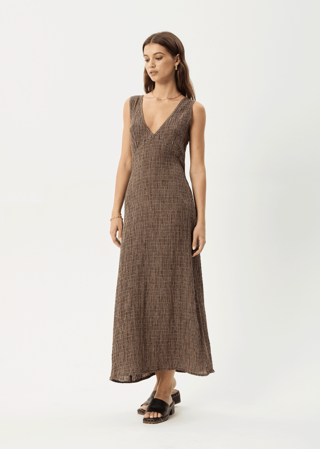 AFENDS Womens Hometown - Seersucker Check Maxi Dress - Coffee