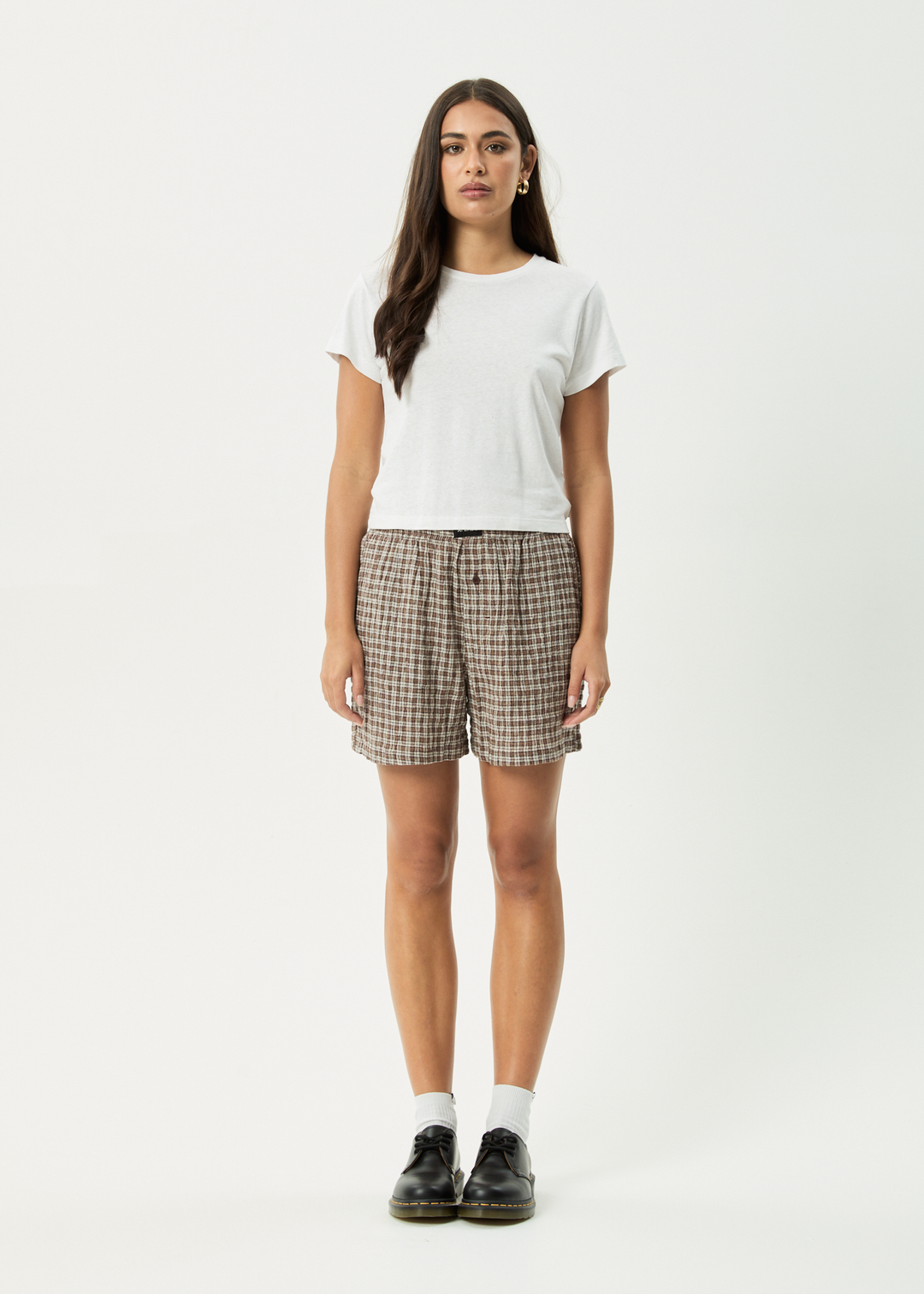 AFENDS Womens Base - Seersucker Check Boxer Short - Coffee Check