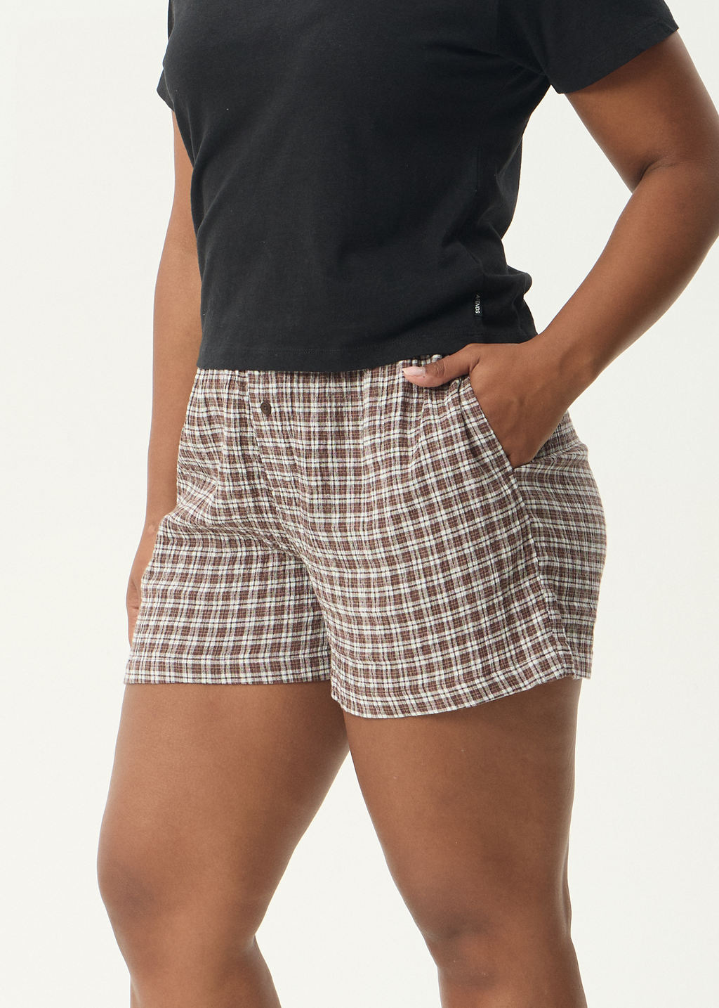AFENDS Womens Base - Seersucker Boxer Short - Coffee Check