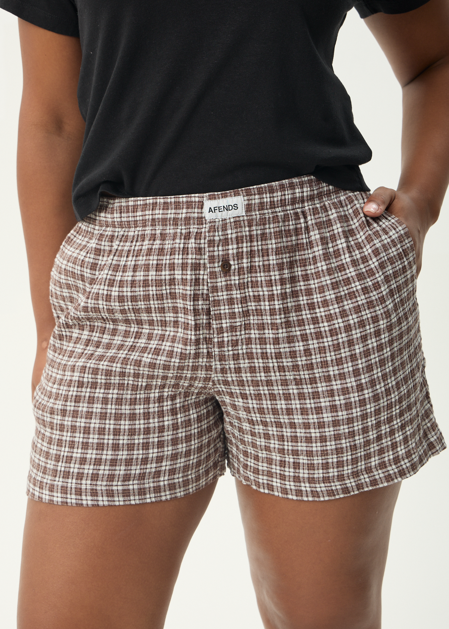AFENDS Womens Base - Seersucker Boxer Short - Coffee Check