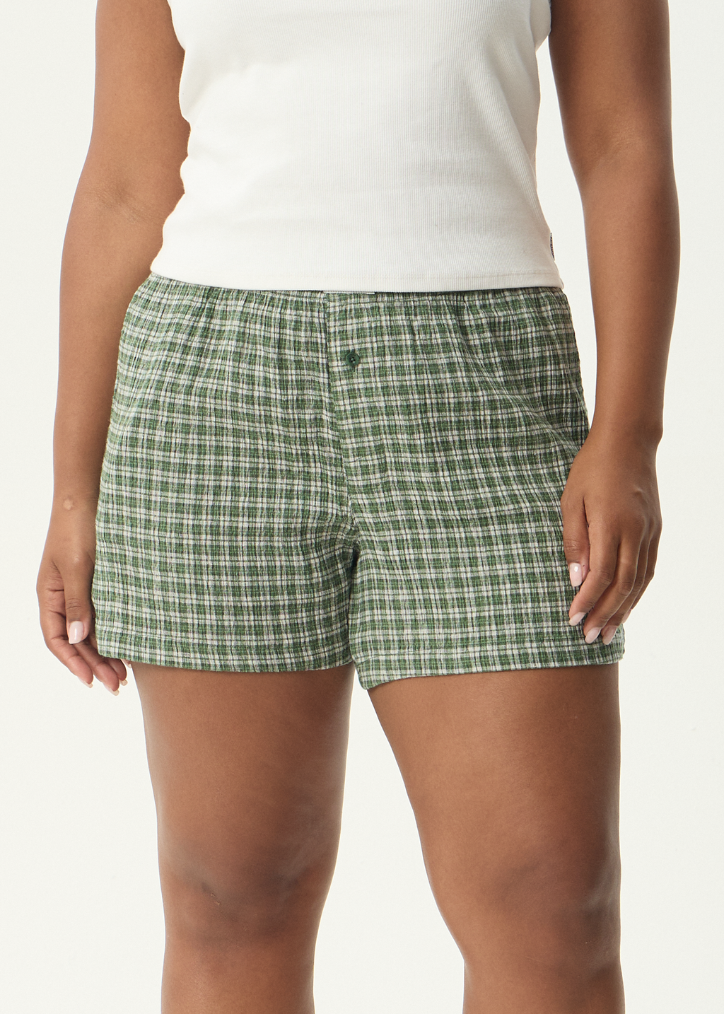 AFENDS Womens Base - Seersucker Boxer Short - Deep Green Check