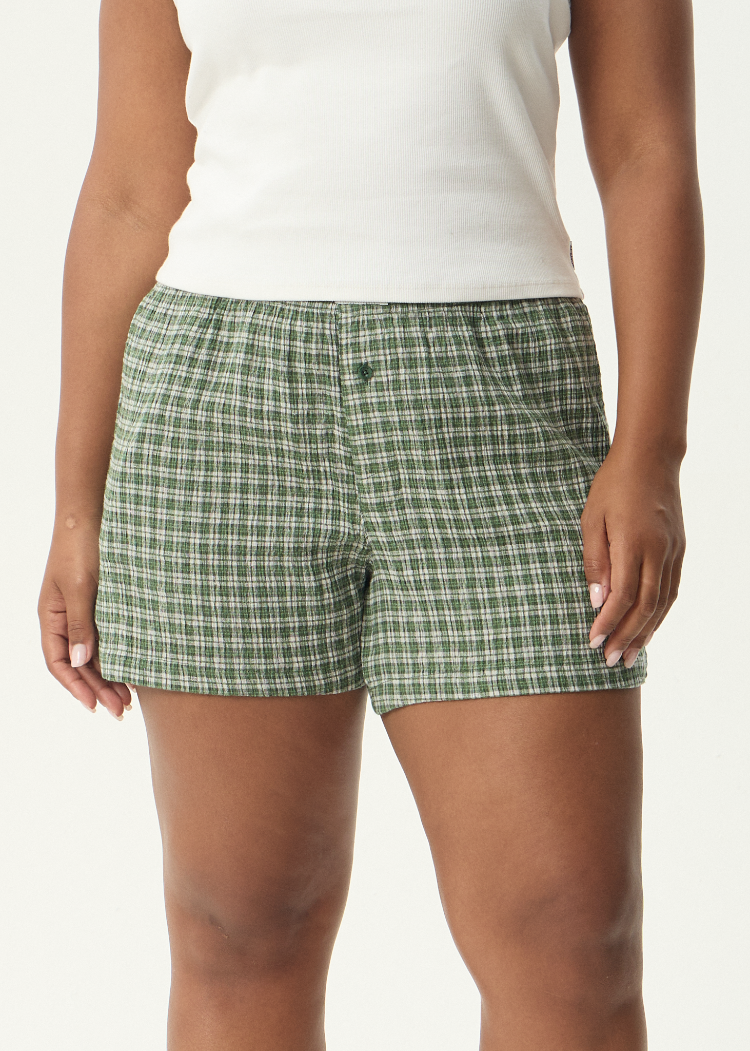 AFENDS Womens Base - Seersucker Boxer Short - Deep Green Check