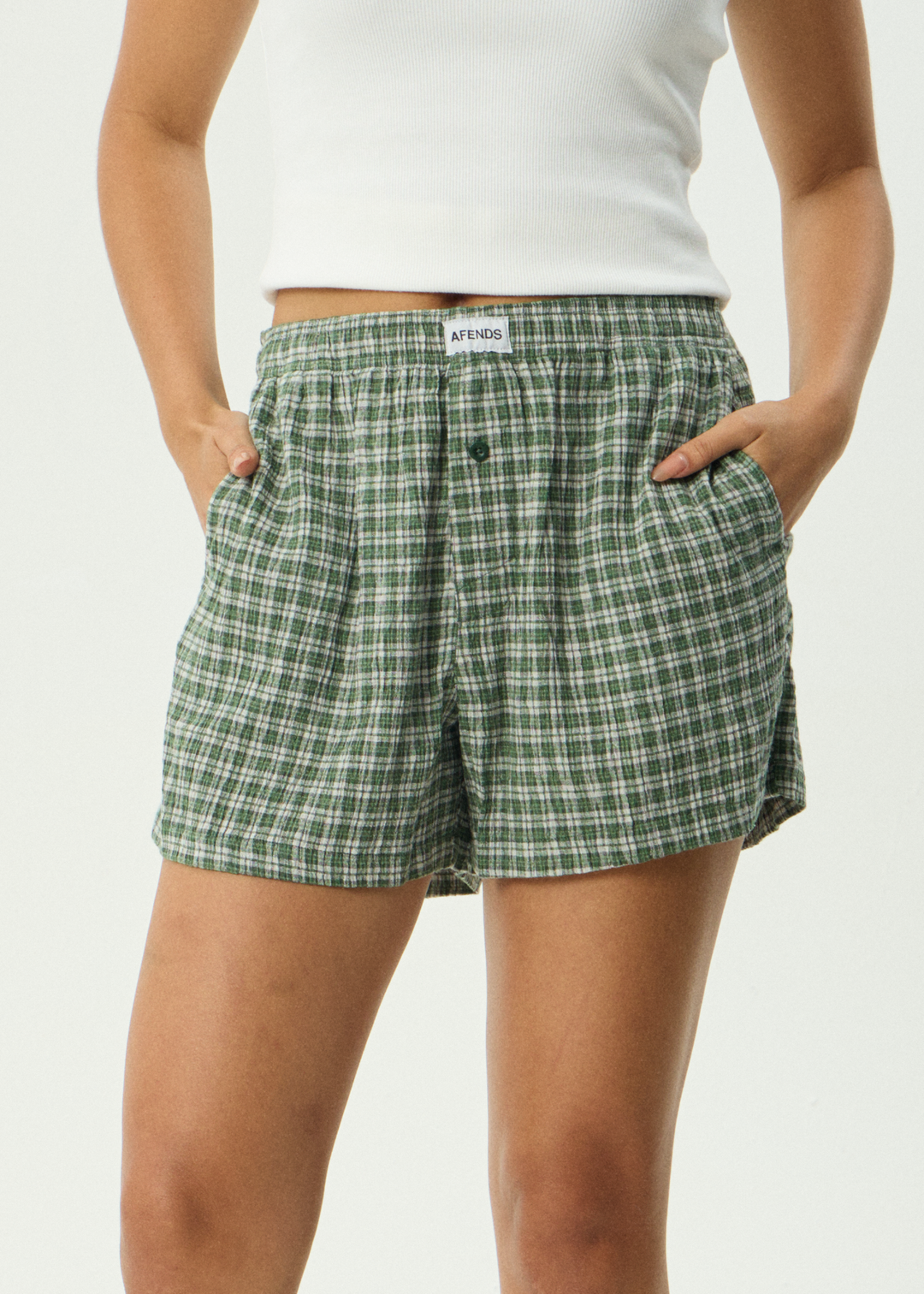 AFENDS Womens Base - Seersucker Boxer Short - Deep Green Check