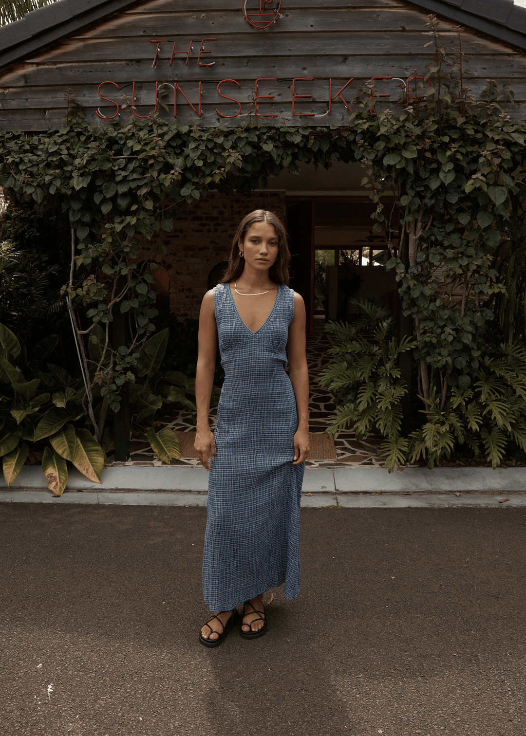 AFENDS Womens Shipwreck - Seersucker Check Maxi Dress - Marlin