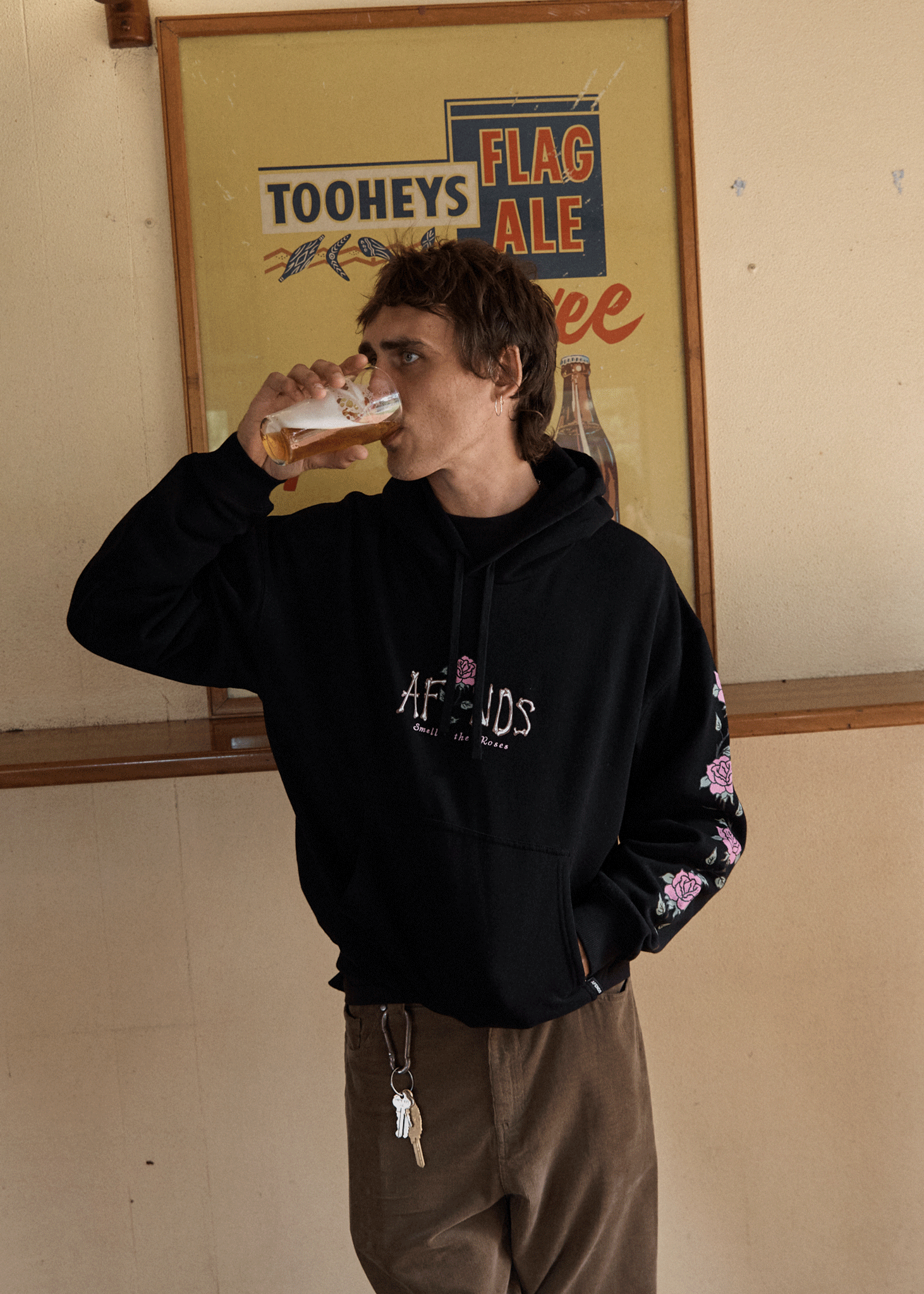 AFENDS Mens Smell The Roses - Boxy Hoodie - Black