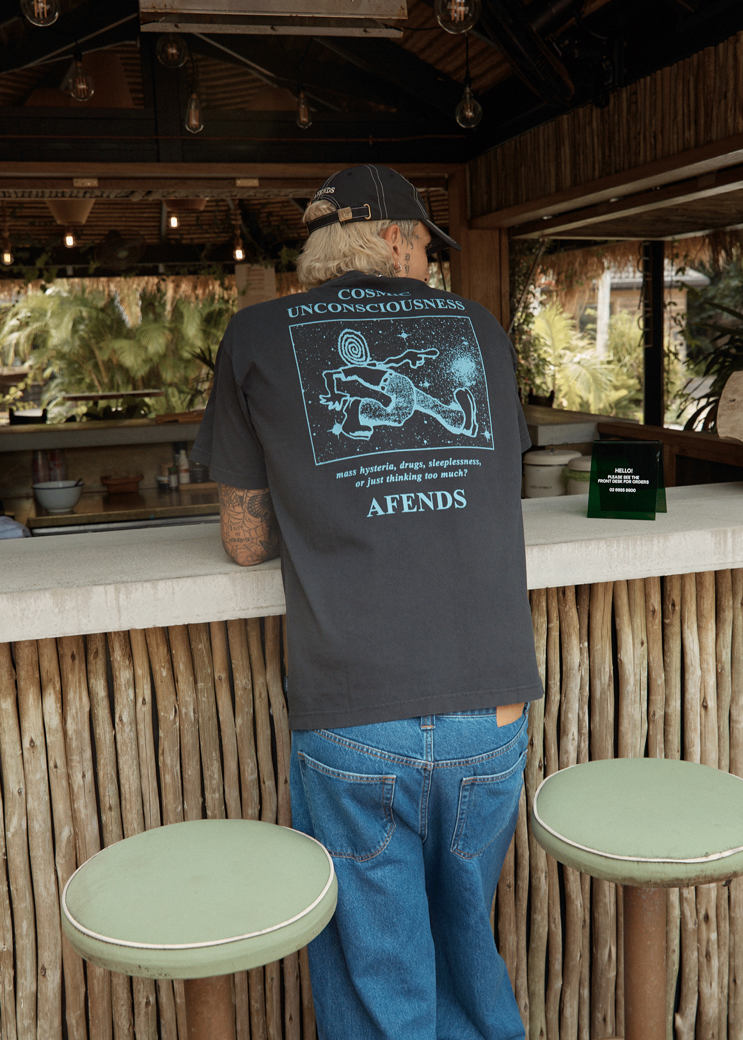 AFENDS Mens Cosmic Con - Heavyweight Boxy Tee - Stone Black