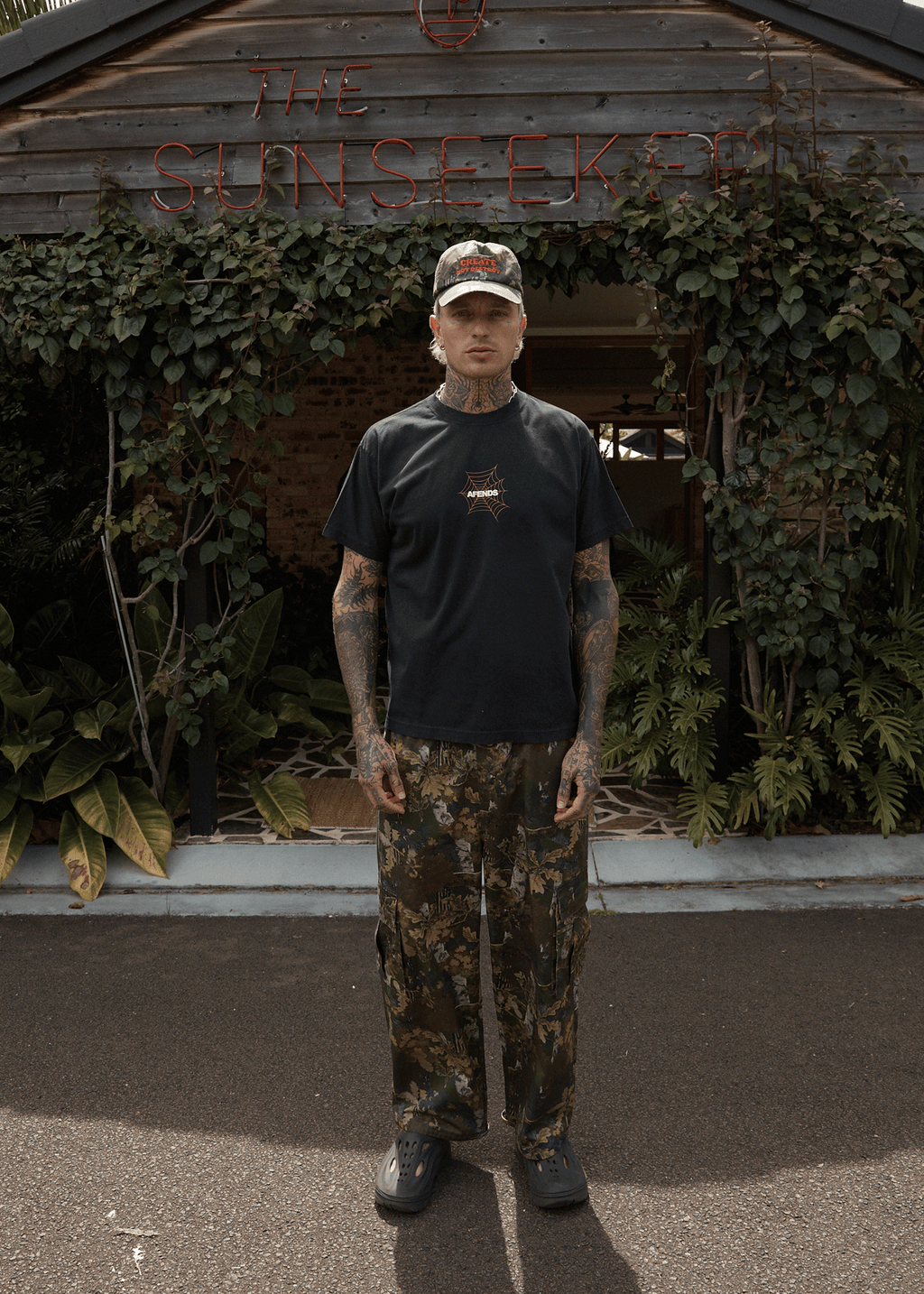 AFENDS Mens Webhead - Boxy Tee - Stone Black