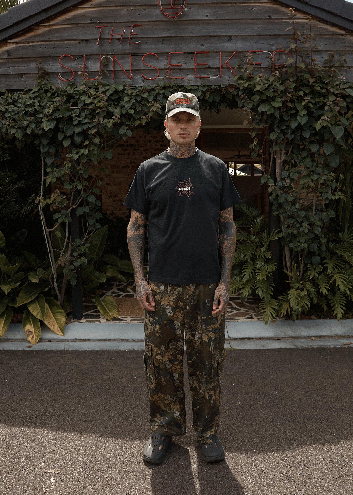 AFENDS Mens Webhead - Boxy Tee - Stone Black