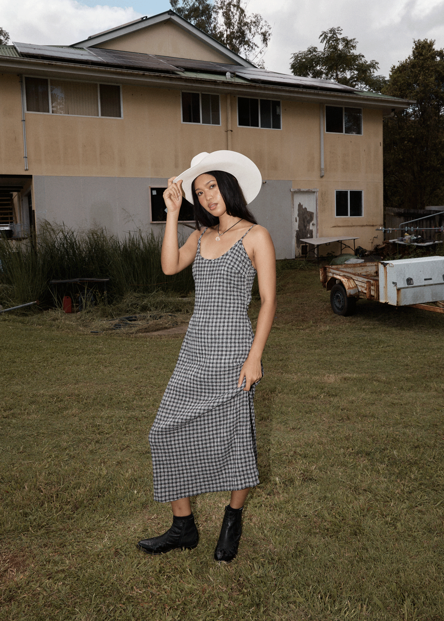 AFENDS Womens Asta Rumi - Seersucker Midi Dress - Steel Check