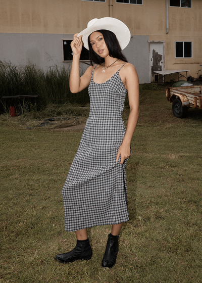 AFENDS Womens Rumi - Seersucker Midi Dress - Steel Check