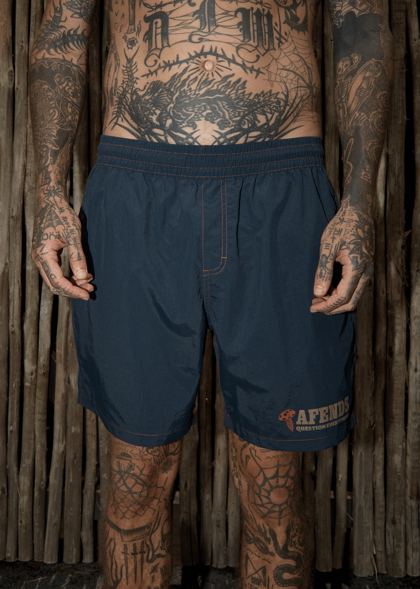 AFENDS Mens Nuts N Bolts - Baywatch Swim Short 18" - Deep Sea