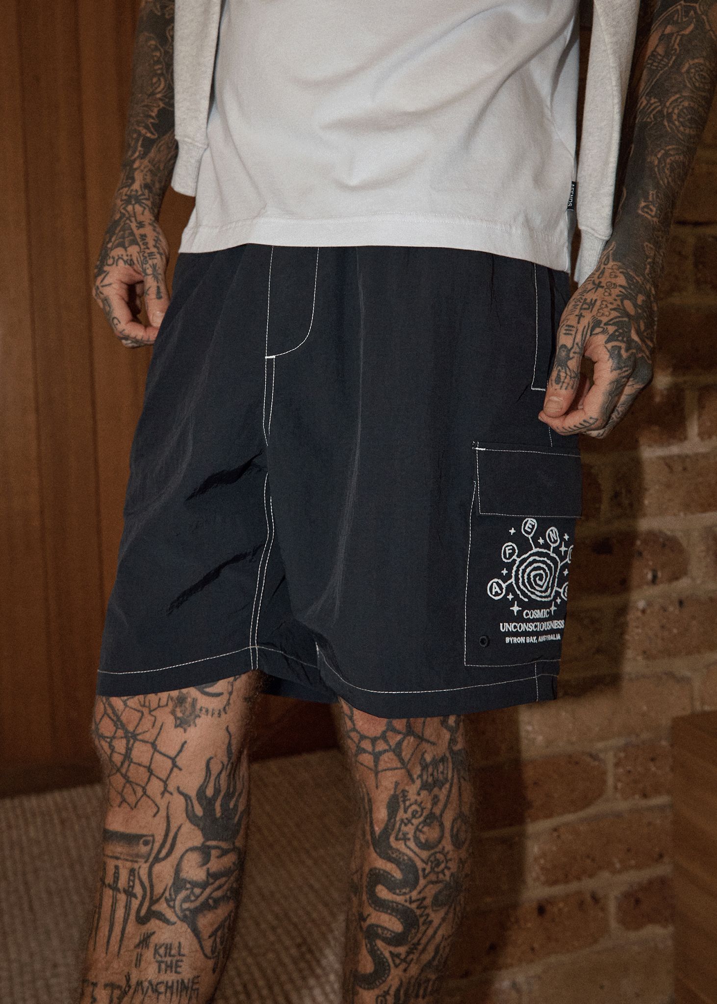 AFENDS Mens Cosmic - Cargo Baywatch Swim Short 18" - Black