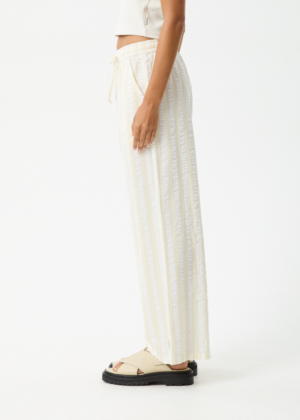 AFENDS Womens Splice - Seersucker Wide Leg Pant - White / Lemongrass