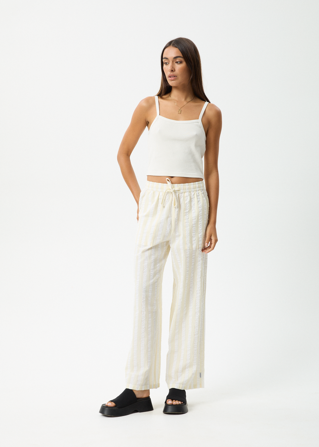 AFENDS Womens Splice - Wide Leg Pants - White / Lemongrass 