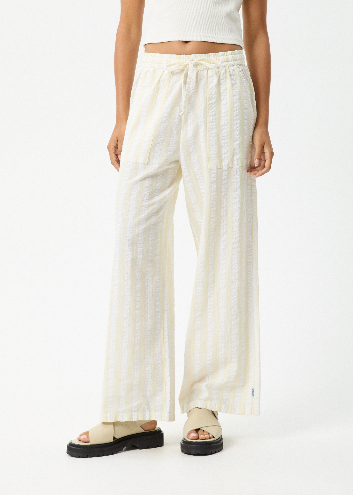 AFENDS Womens Splice - Seersucker Wide Leg Pant - White / Lemongrass