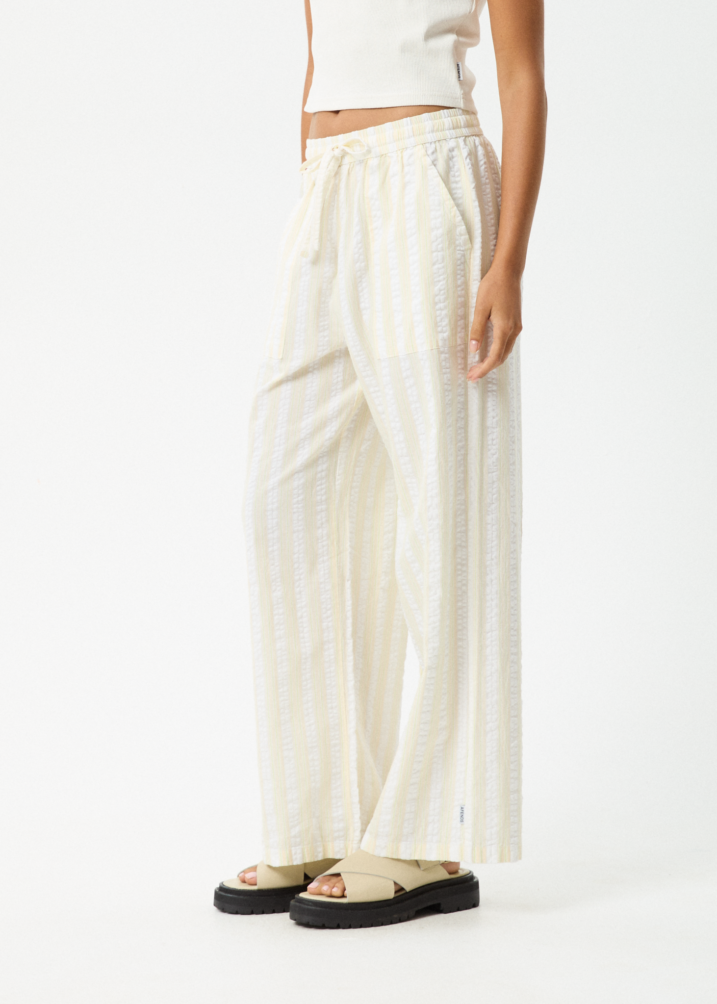 AFENDS Womens Splice - Seersucker Wide Leg Pant - White / Lemongrass
