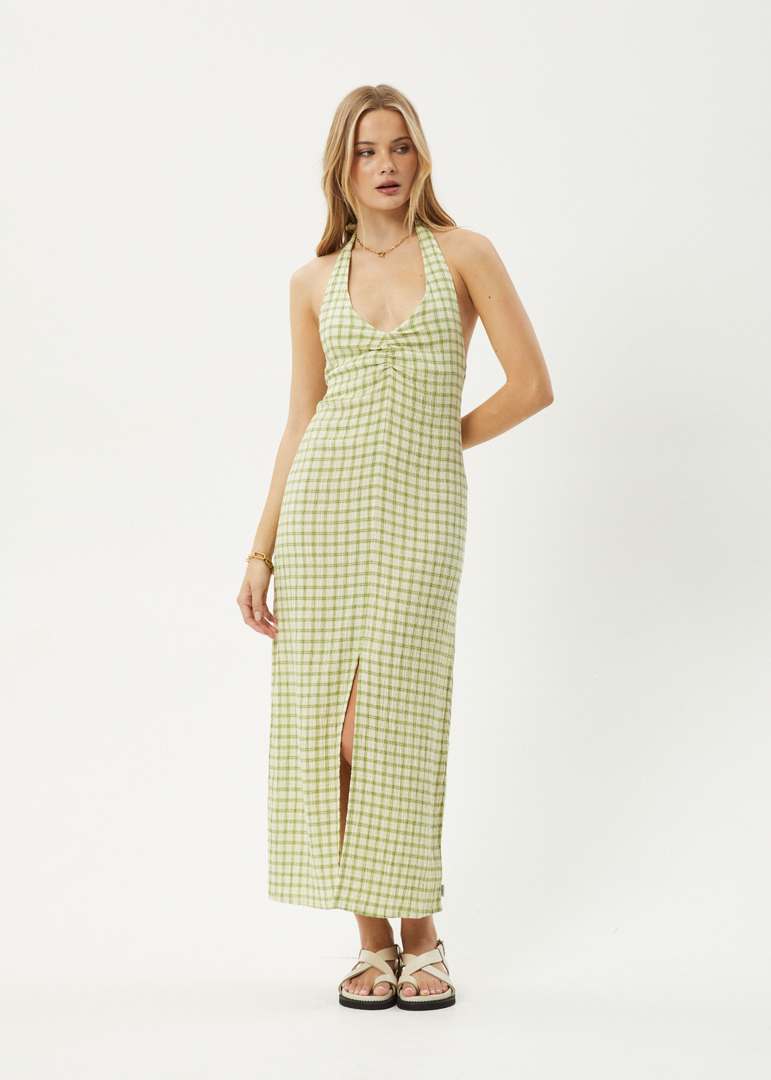 AFENDS Womens Darcy - Check Maxi Dress - Lemongrass Check 