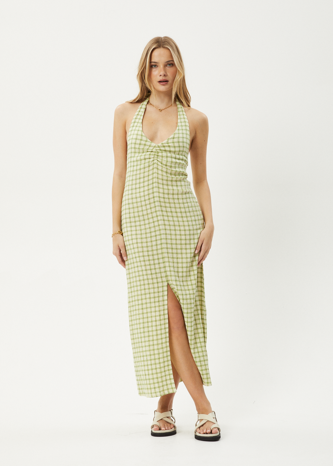 AFENDS Womens Darcy - Check Maxi Dress - Lemongrass Check 