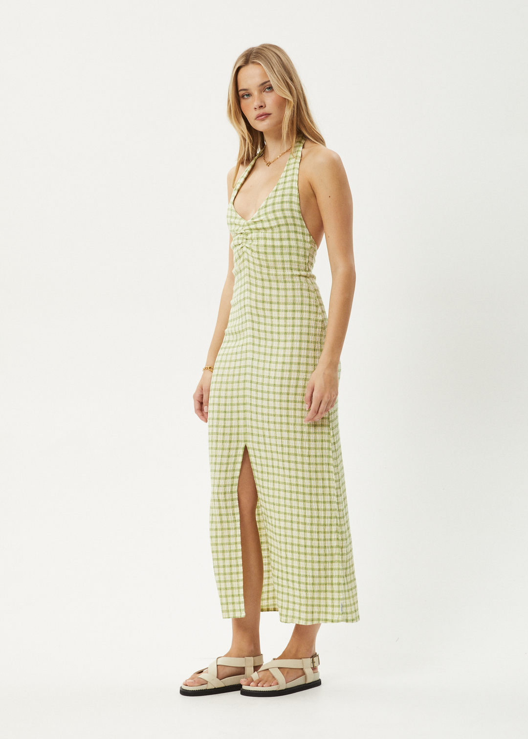 AFENDS Womens Darcy - Check Maxi Dress - Lemongrass Check 