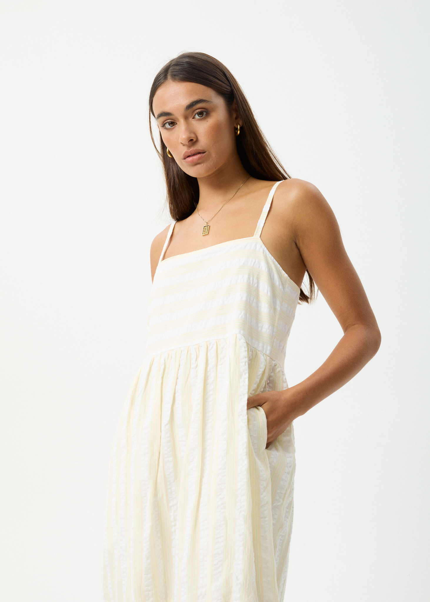 AFENDS Womens Splice - Seersucker Maxi Dress - White / Lemongrass