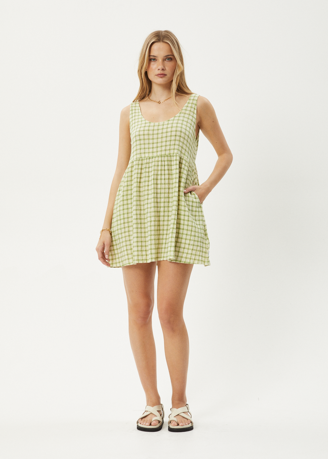 AFENDS Womens Darcy Jesse - Seersucker Mini Dress - Lemongrass Check 