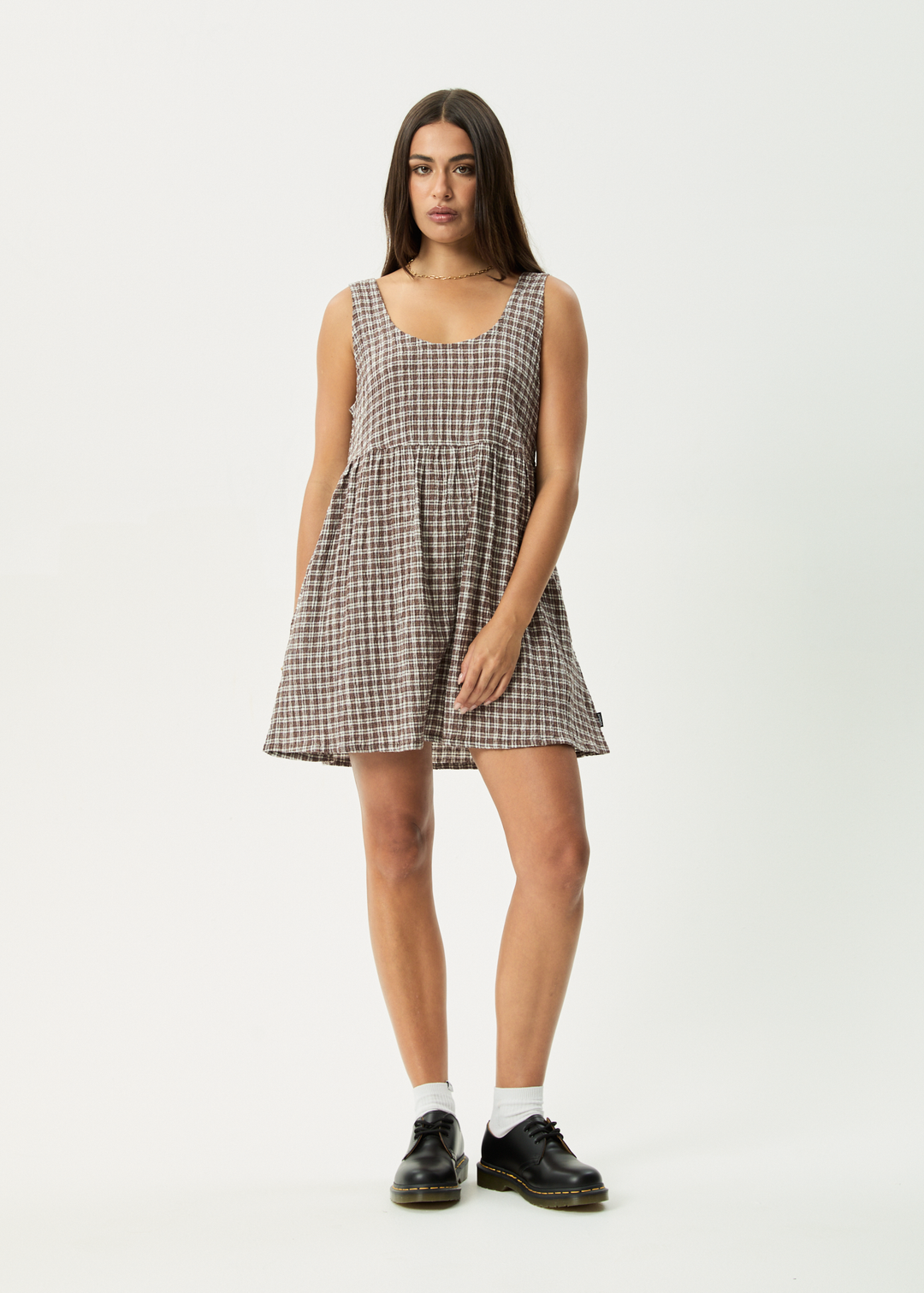 AFENDS Womens Base Jesse - Seersucker Mini Dress - Coffee Check