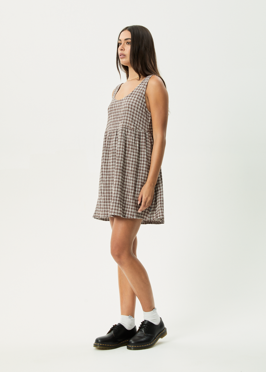 AFENDS Womens Base Jesse - Seersucker Mini Dress - Coffee Check