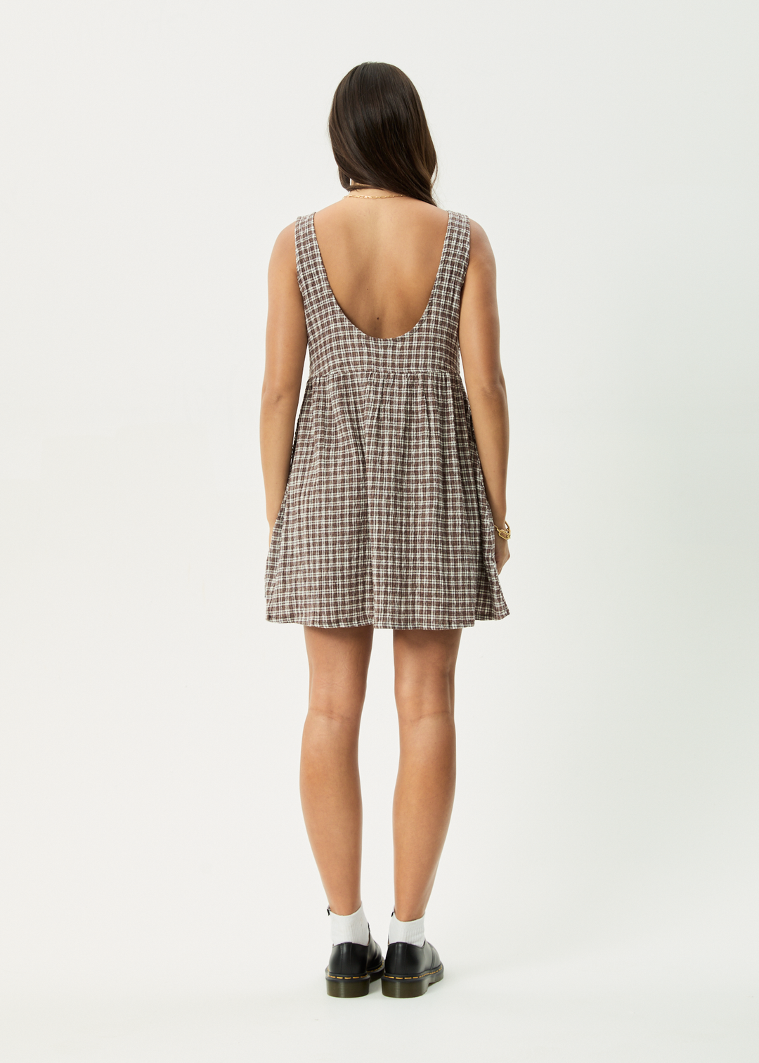 AFENDS Womens Base Jesse - Seersucker Mini Dress - Coffee Check