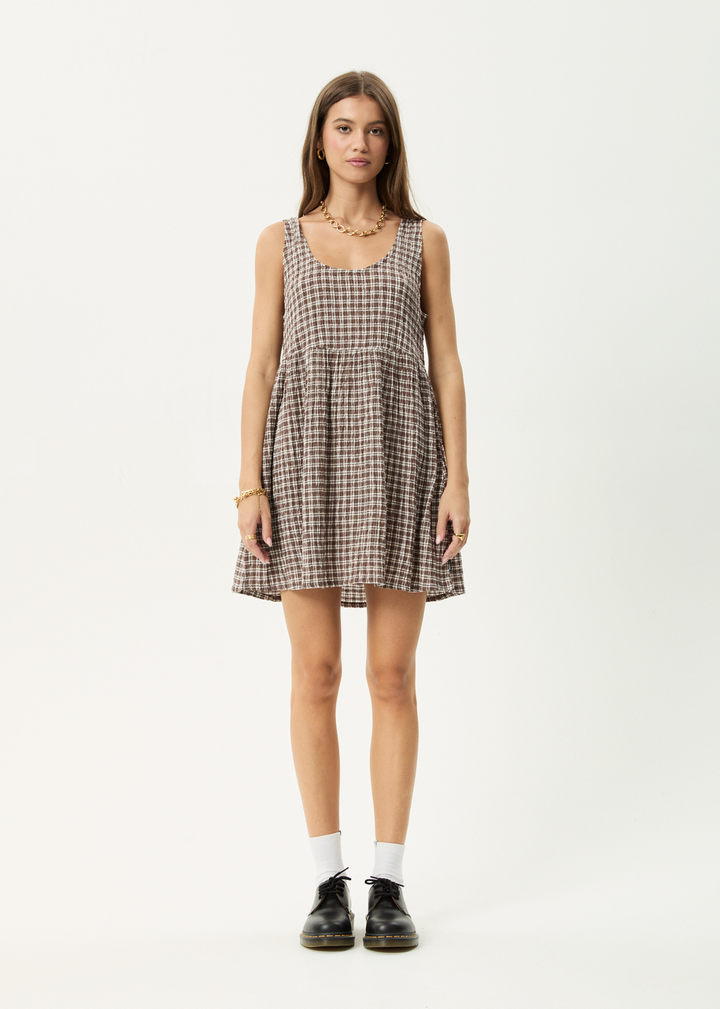 AFENDS Womens Base Jesse - Seersucker Mini Dress - Coffee Check