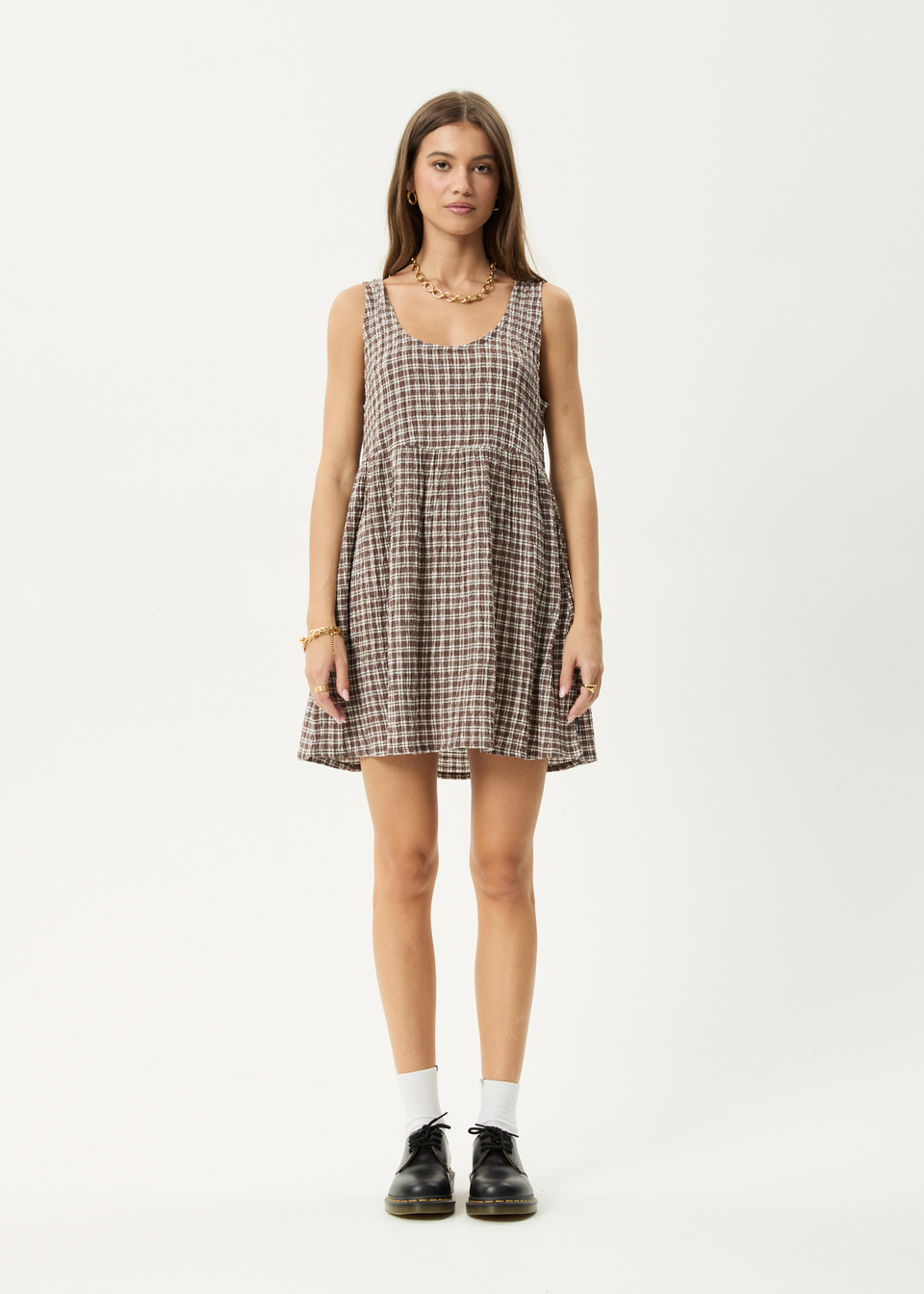 AFENDS Womens Base Jesse - Seersucker Mini Dress - Coffee Check