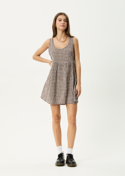 AFENDS Womens Base Jesse - Seersucker Mini Dress - Coffee Check