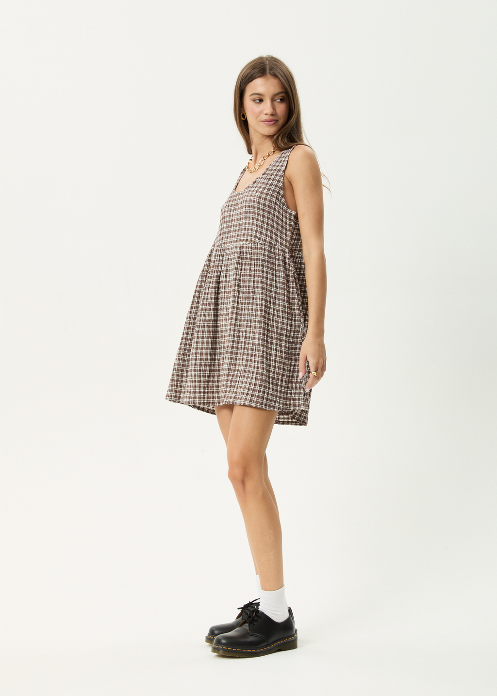 AFENDS Womens Base Jesse - Seersucker Mini Dress - Coffee Check