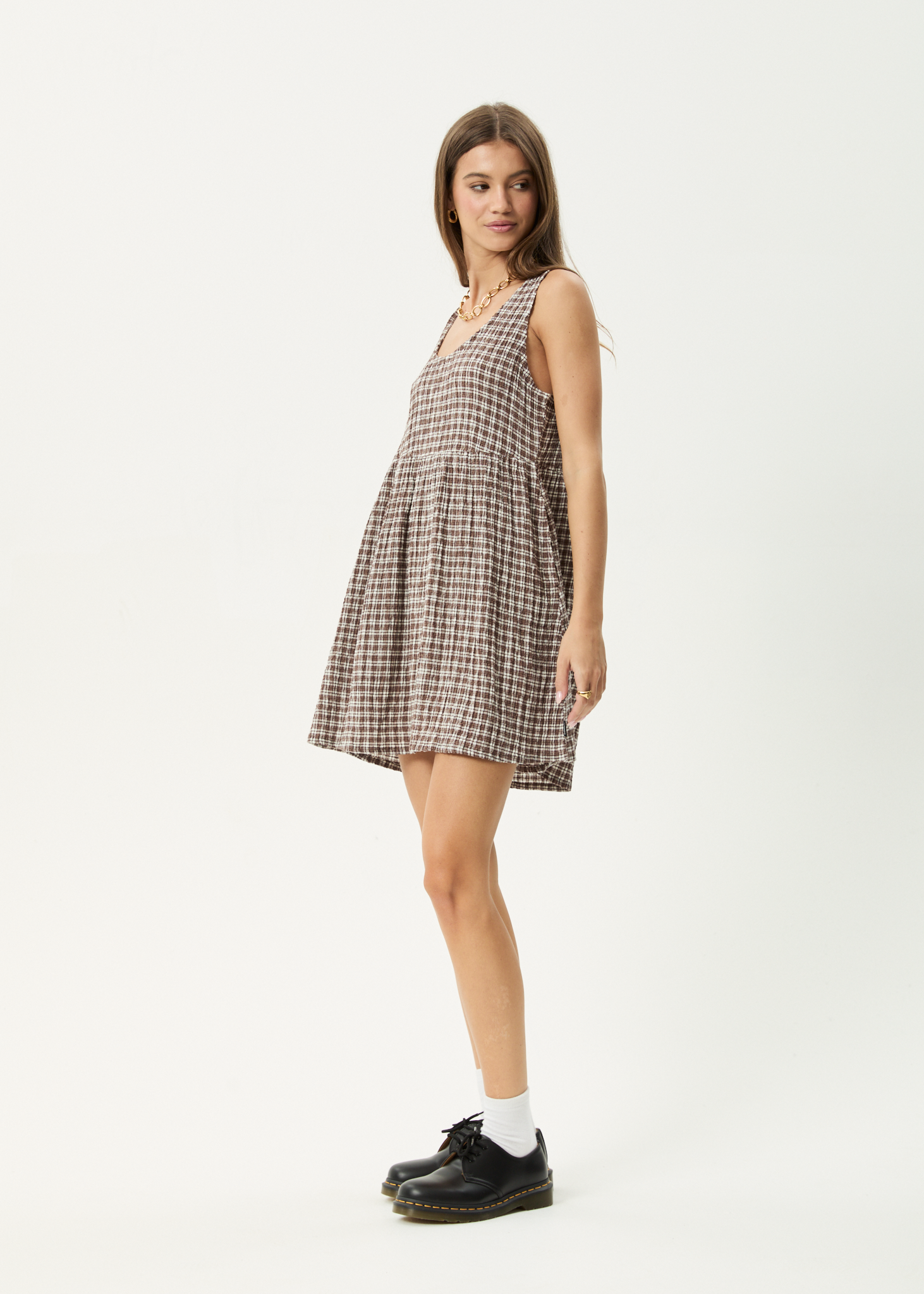 AFENDS Womens Base Jesse - Seersucker Mini Dress - Coffee Check