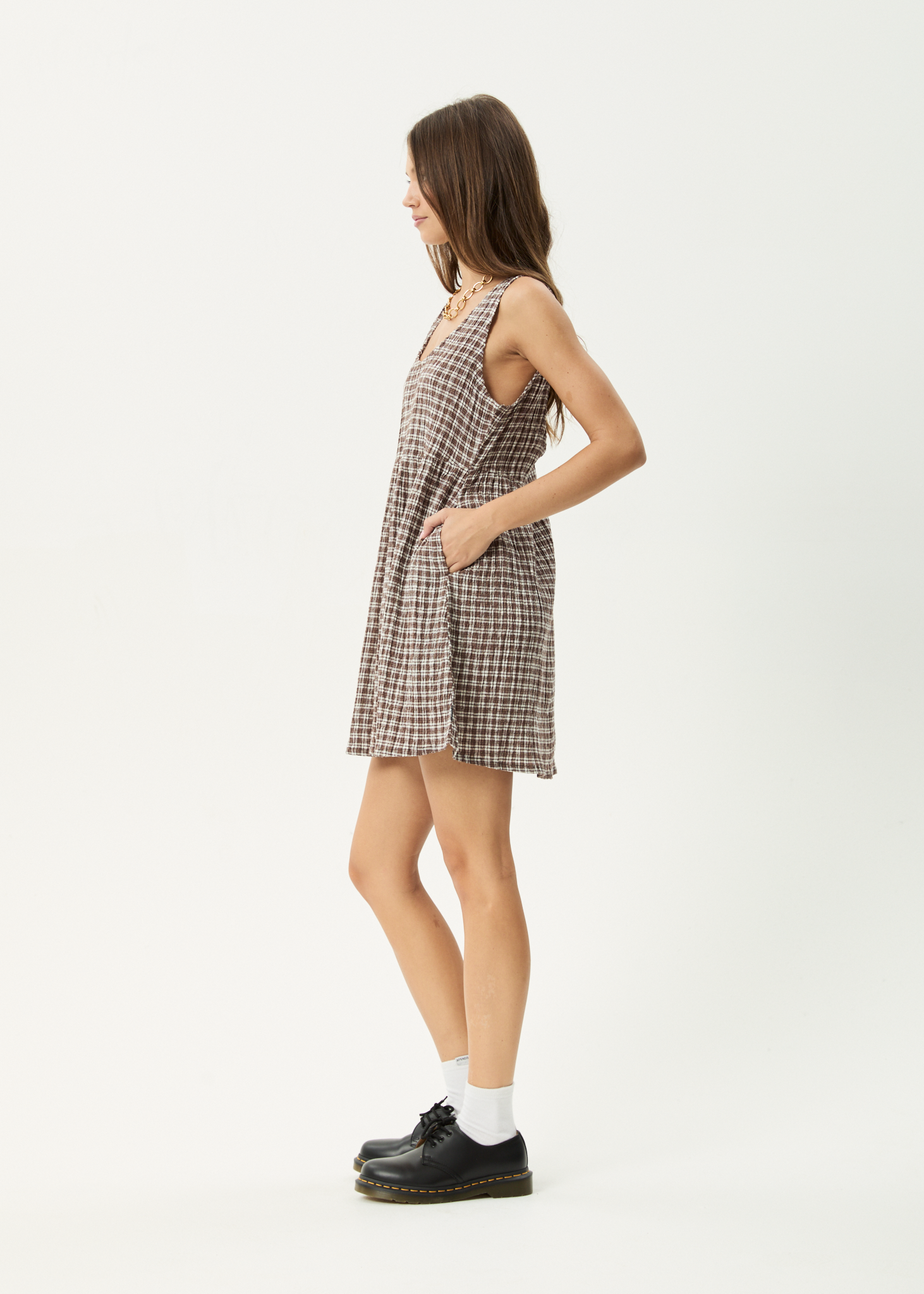 AFENDS Womens Base Jesse - Seersucker Mini Dress - Coffee Check