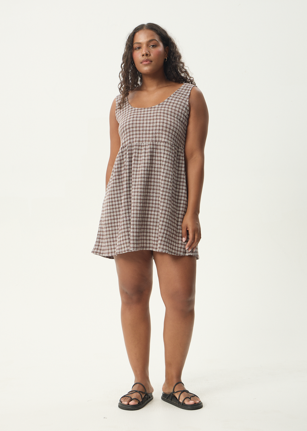 AFENDS Womens Base Jesse - Seersucker Mini Dress - Coffee Check