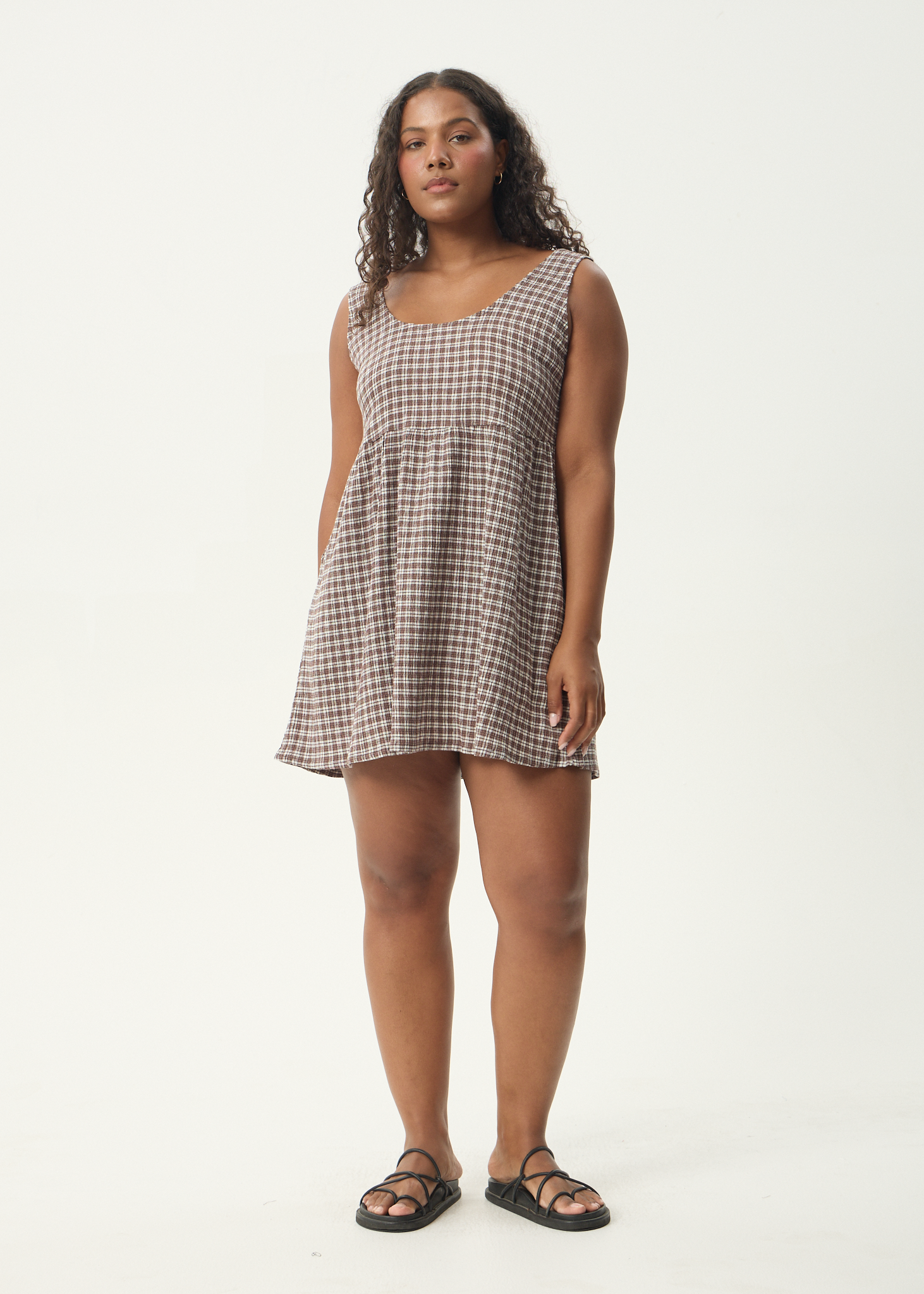 AFENDS Womens Base Jesse - Seersucker Mini Dress - Coffee Check