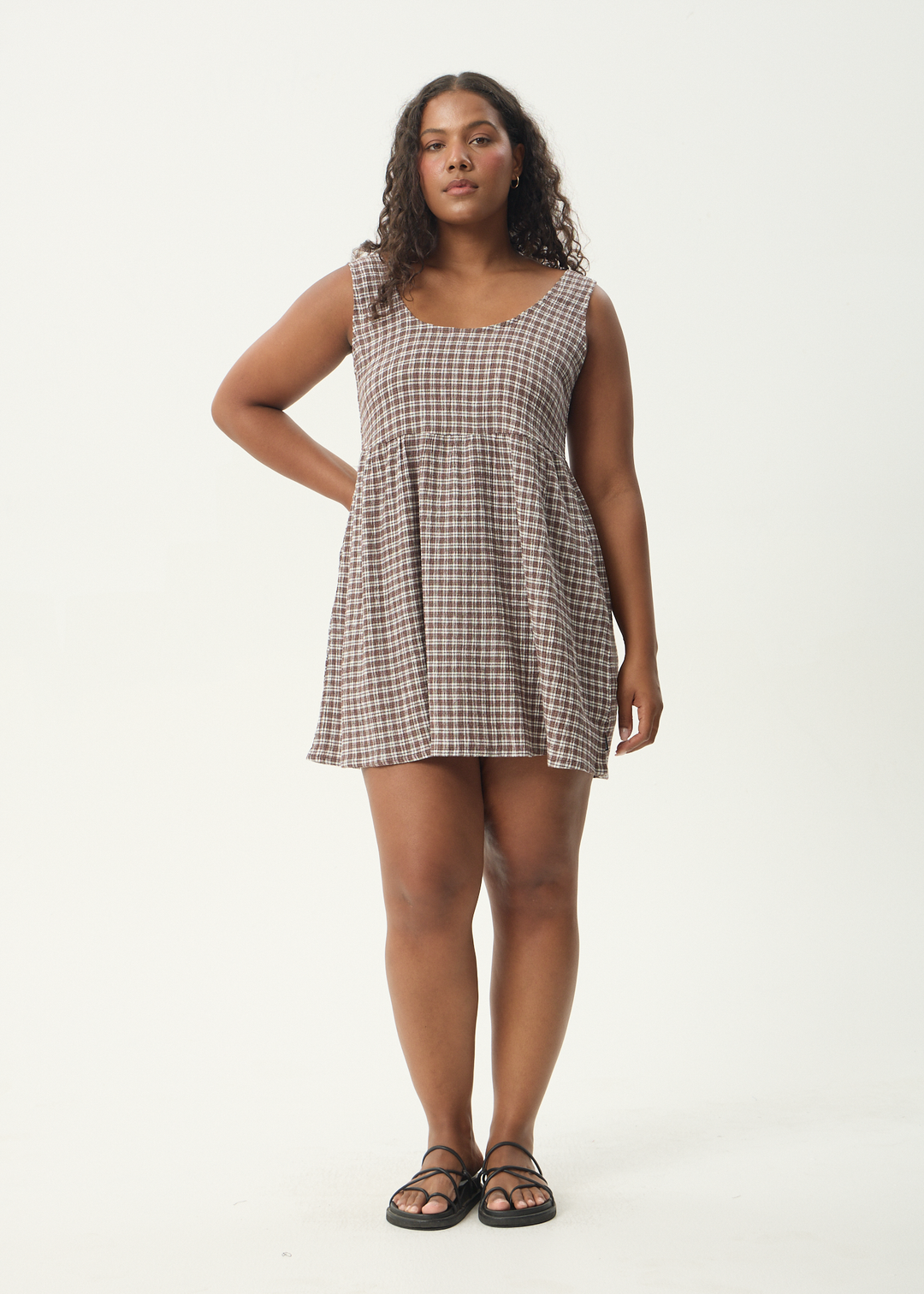 AFENDS Womens Base Jesse - Seersucker Mini Dress - Coffee Check