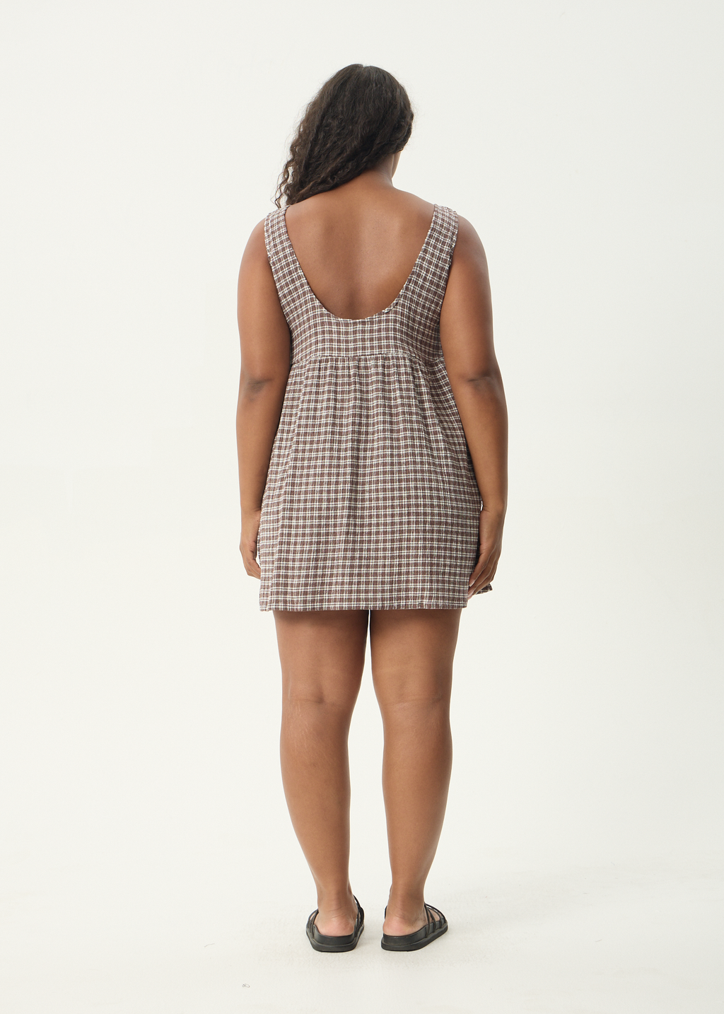AFENDS Womens Base Jesse - Seersucker Mini Dress - Coffee Check