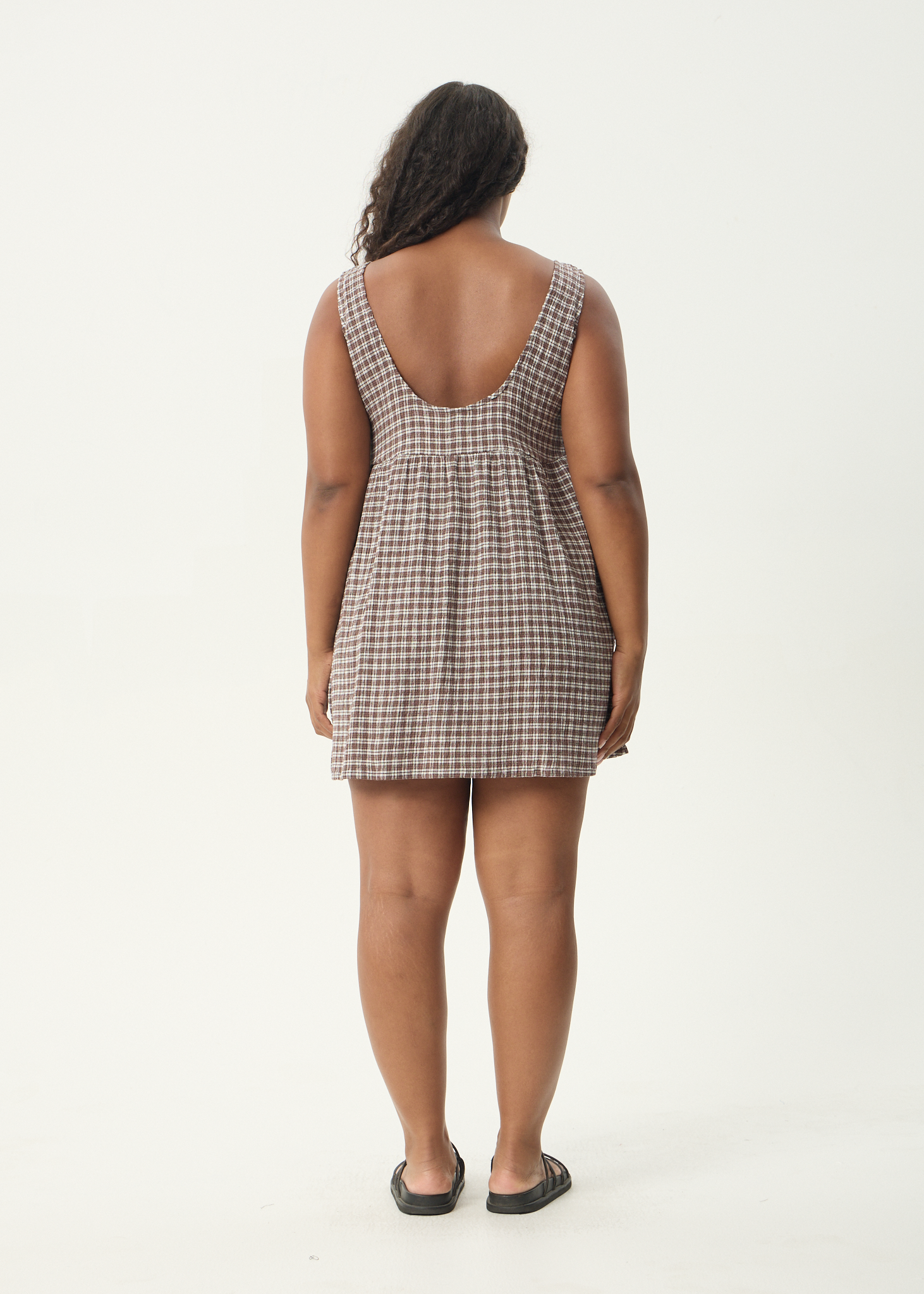 AFENDS Womens Base Jesse - Seersucker Mini Dress - Coffee Check