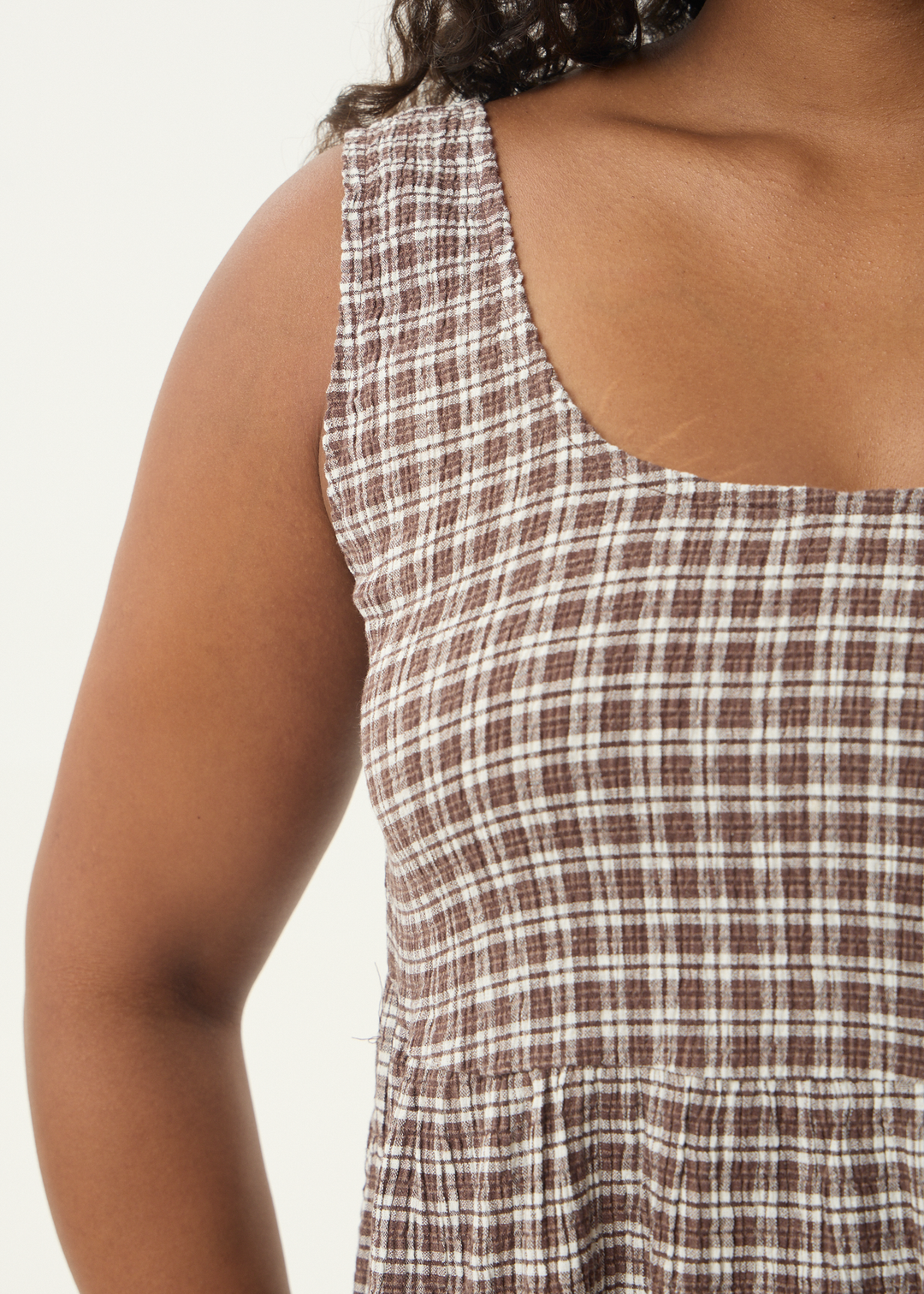 AFENDS Womens Base Jesse - Seersucker Mini Dress - Coffee Check