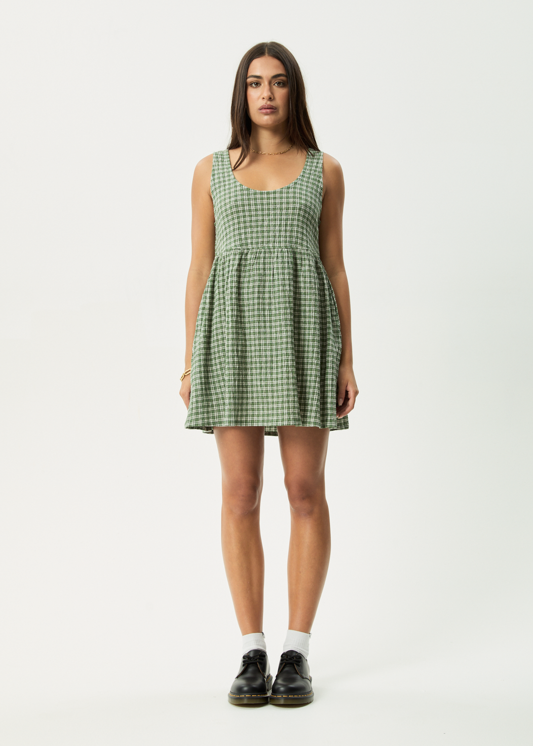 AFENDS Womens Base Jesse - Seersucker Mini Dress - Deep Green Check